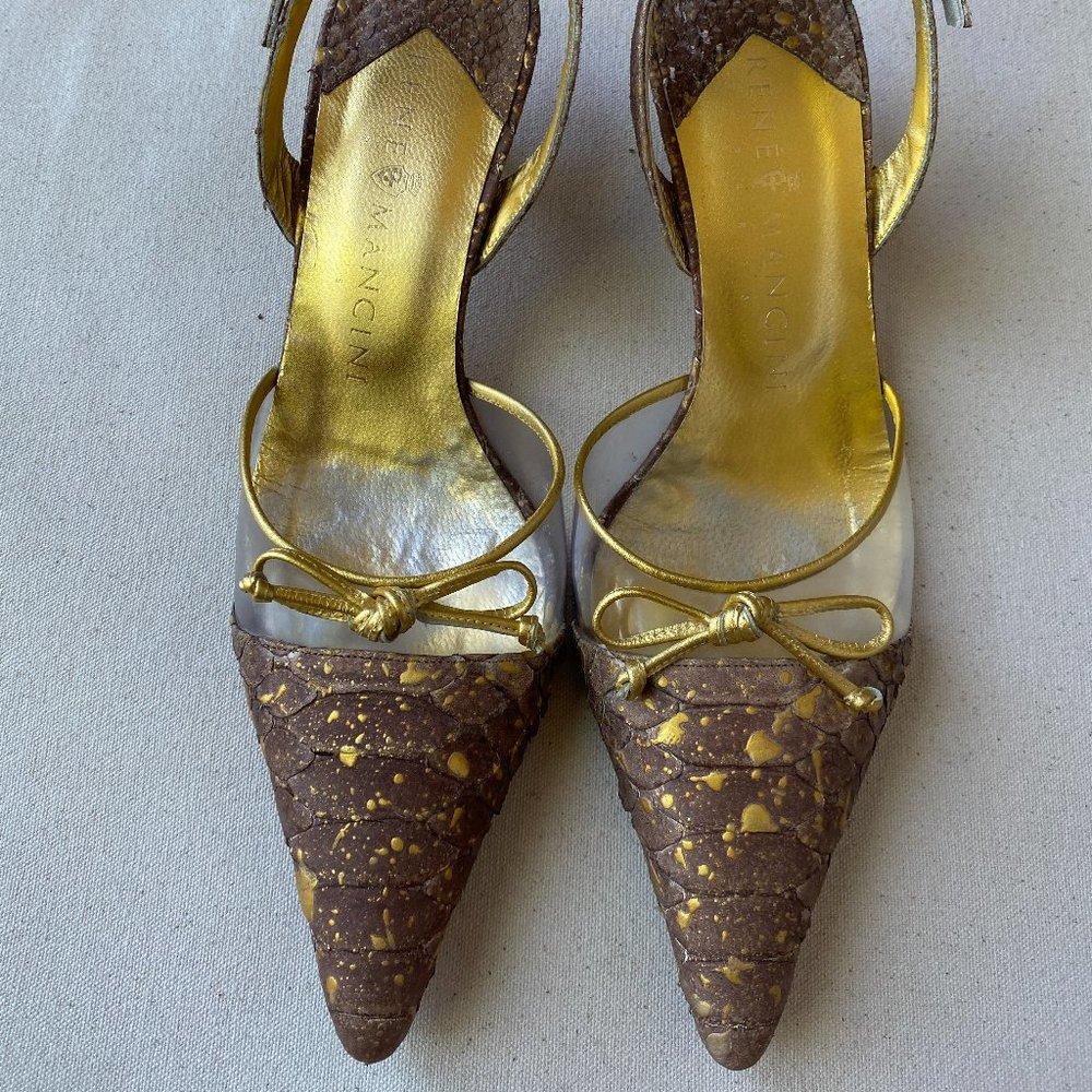 Rene Mancini Vintage Gold Brown Alligator Slingback Pointed Toe Pump, Size 37